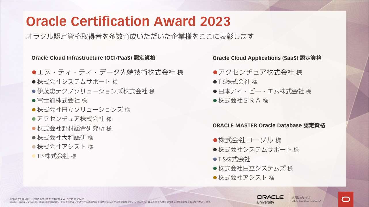 コーソル、12年連続で『Oracle Certification Award』を受賞～『ORACLE MASTER Oracle Database 認定資格』部門 国内第１位受賞 ～