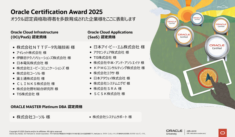 コーソル、技術者を数多く育成した企業を表彰する『Oracle Certification Award』を14年連続で受賞～『ORACLE MASTER Platinum DBA認定資格』部門 国内第１位、『Oracle Cloud Infrastructure（OCI/PaaS）認定資格』部門で国内第6位受賞 ～